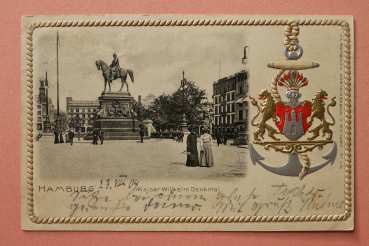 Ansichtskarte Präge Litho AK Hamburg 1904 Kaiser Wilhelm Denkmal Anker Wappen Gebäude Architektur Ortsansicht